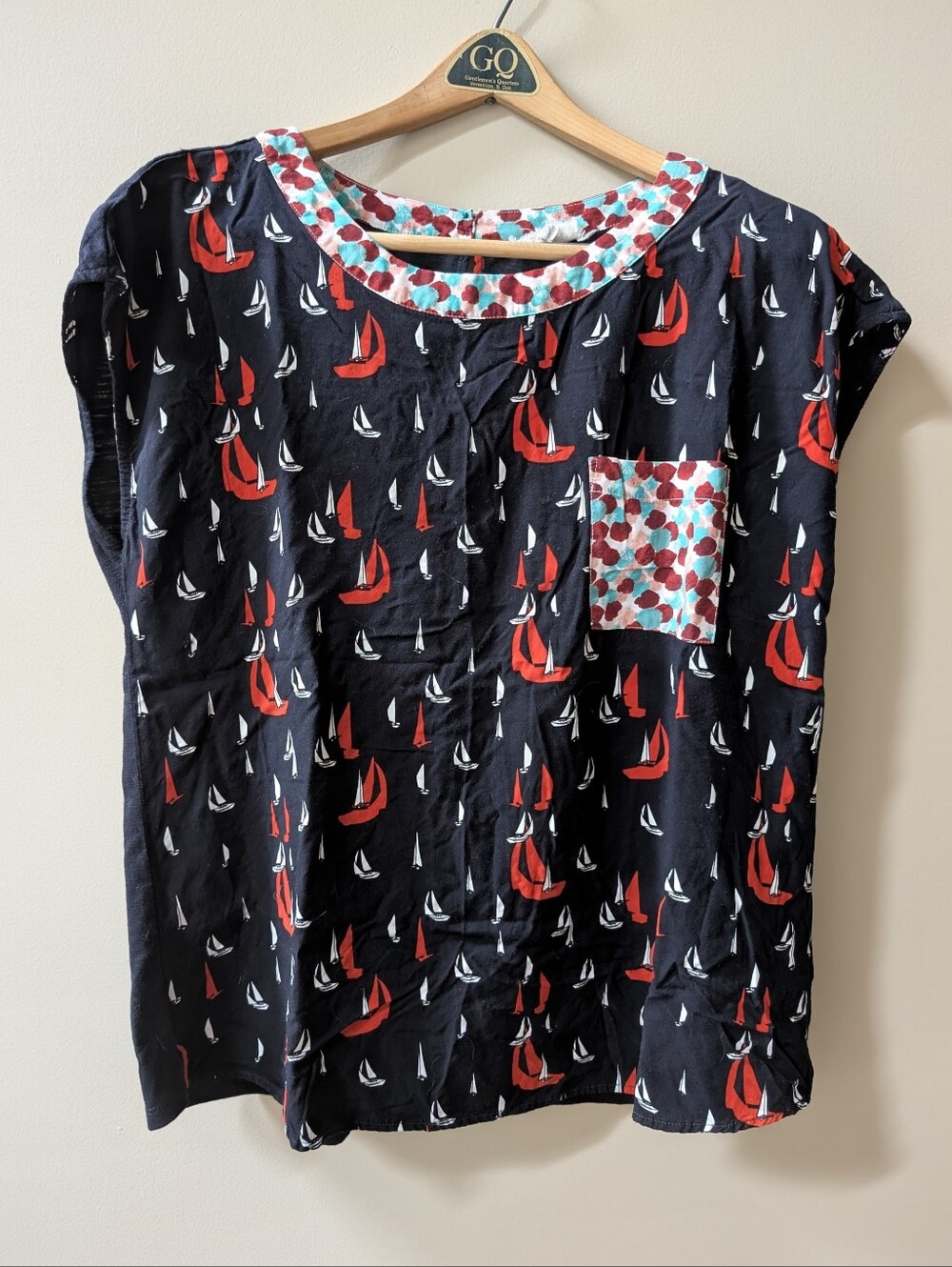 Porridge Womens' Navy Sailboat Print Top with Polka Dot Accents - Cute Nautical